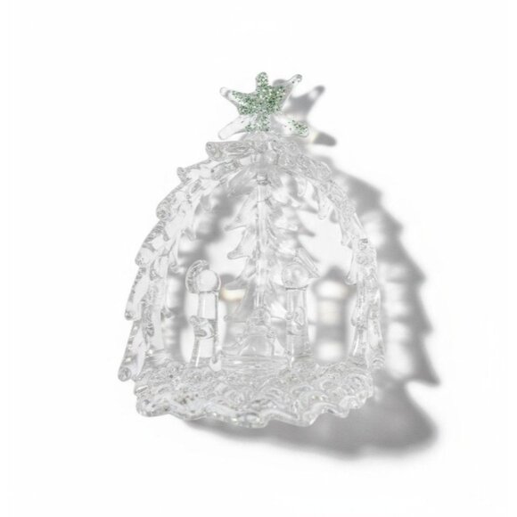 Clear Glass Nativity Scene Figurine With Star Topper & Christmas Tree Backdrop - Picture 1 of 5